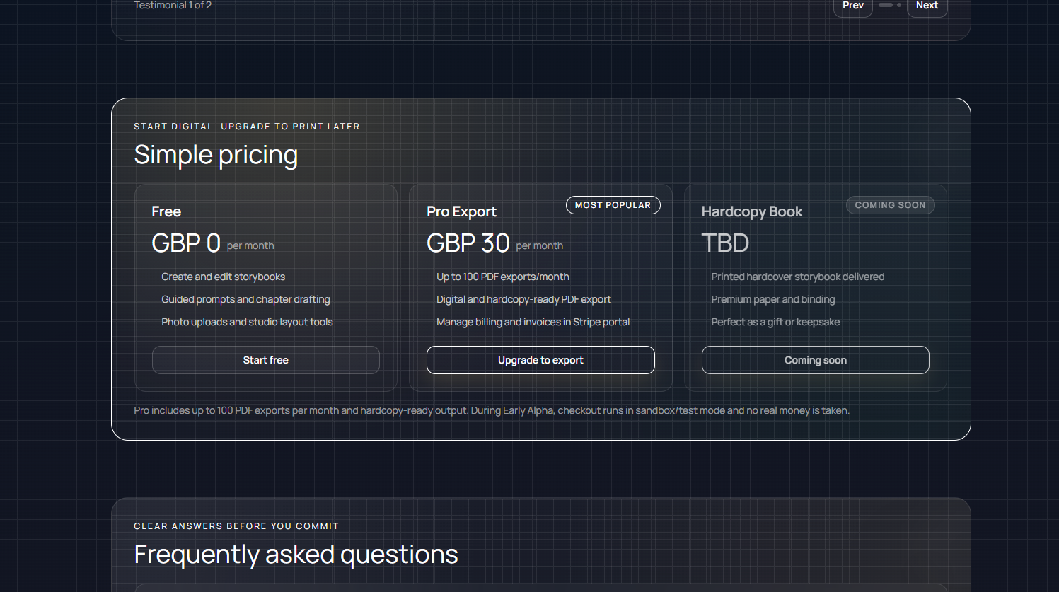 Memorioso pricing and export section